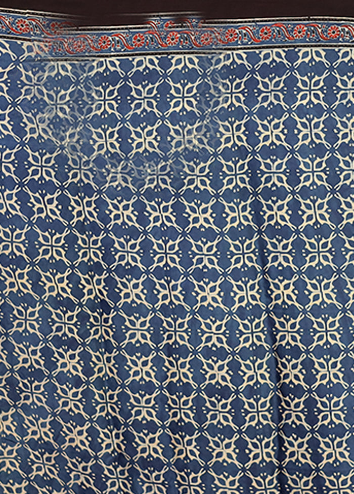 Blue Printed Silk Saree Without Blouse Piece