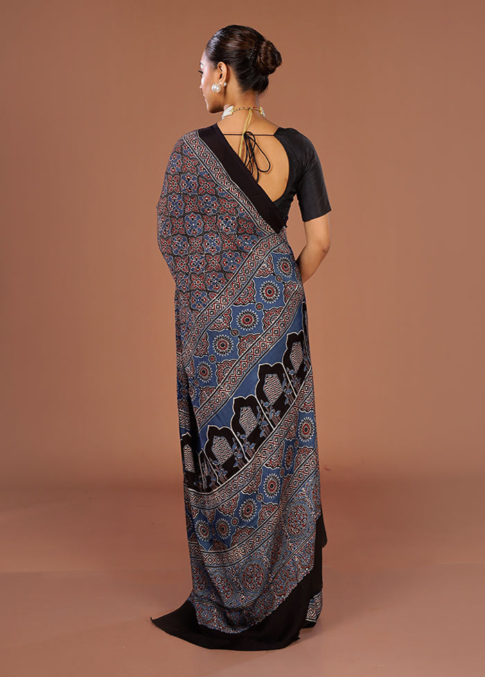 Blue Printed Silk Saree Without Blouse Piece