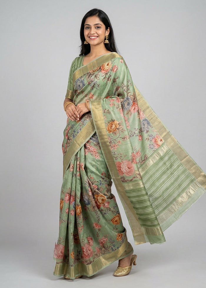Green Tussar Silk Saree With Blouse Piece