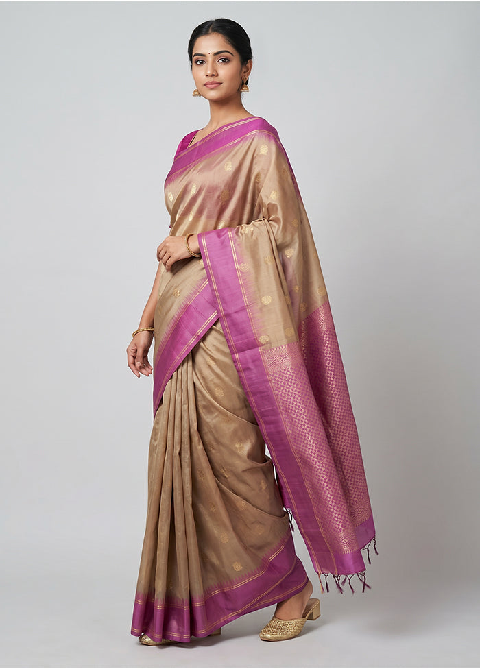 Cream Handloom Kanjivaram Pure Silk Saree With Blouse Piece