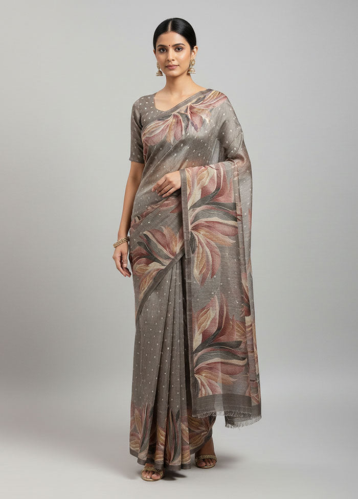 Grey Tussar Silk Saree With Blouse Piece