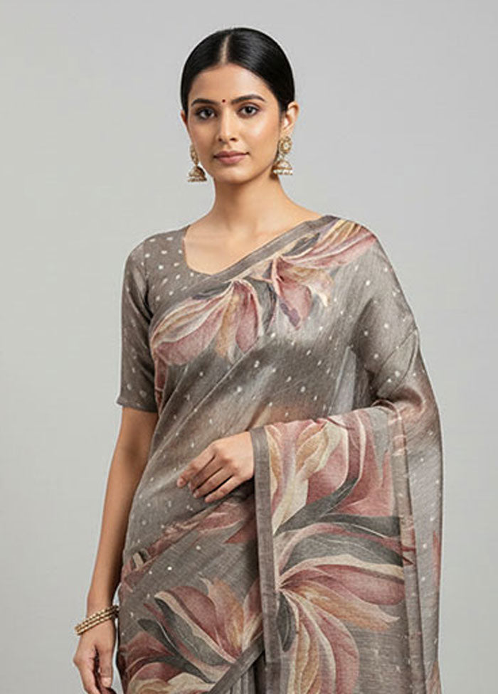 Grey Tussar Silk Saree With Blouse Piece