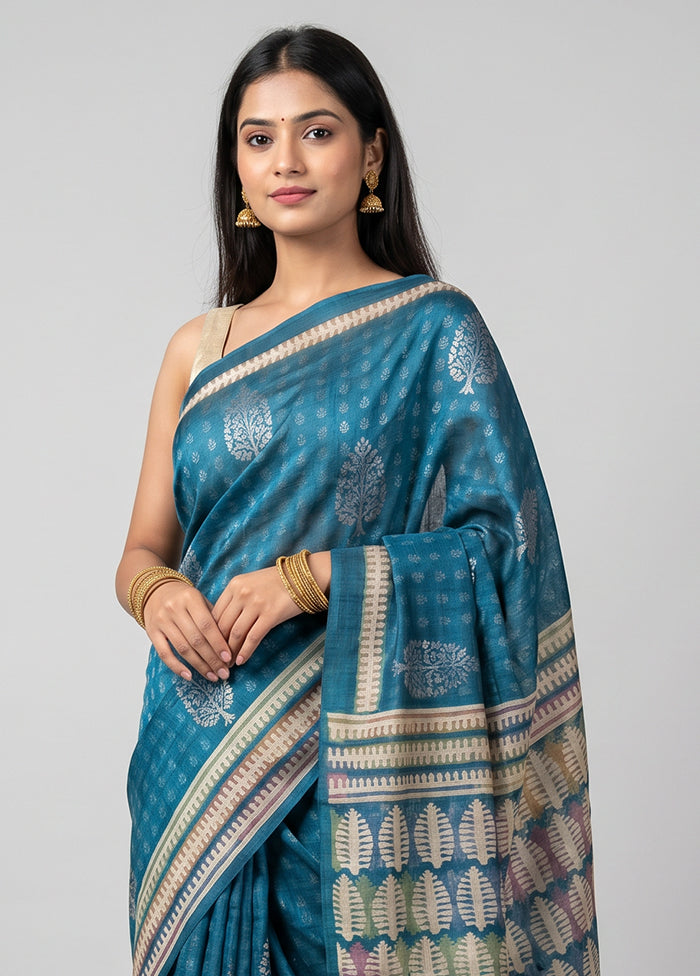 Blue Tussar Silk Saree With Blouse Piece