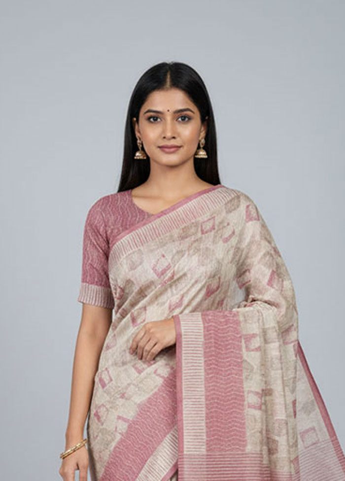Cream Tussar Silk Saree With Blouse Piece