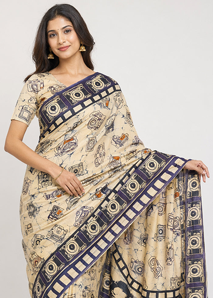 Cream Printed Pure Silk Saree Without Blouse Piece