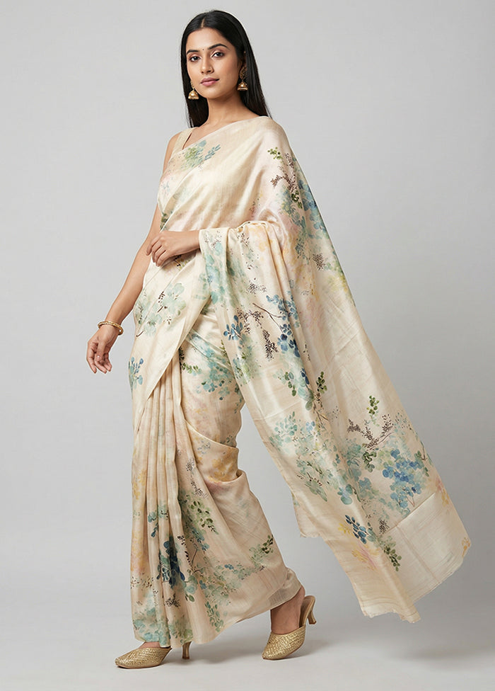 Cream Printed Pure Silk Saree Without Blouse Piece