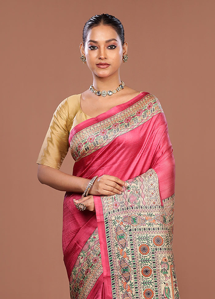 Pink Printed Silk Saree Without Blouse Piece