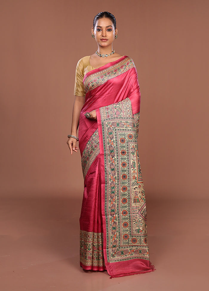 Pink Printed Silk Saree Without Blouse Piece