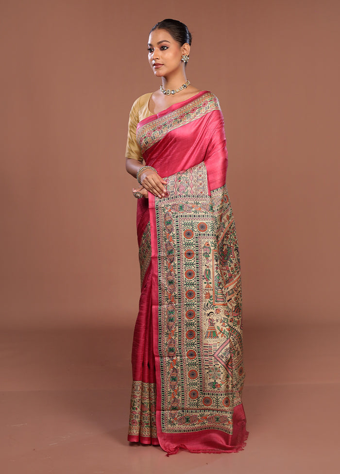 Pink Printed Silk Saree Without Blouse Piece