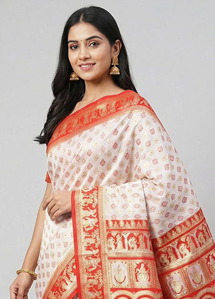White Baluchari Silk Saree With Blouse Piece