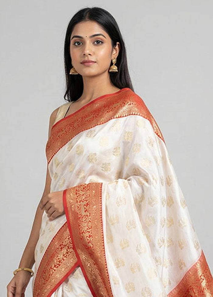 White Dupion Silk Saree With Blouse Piece