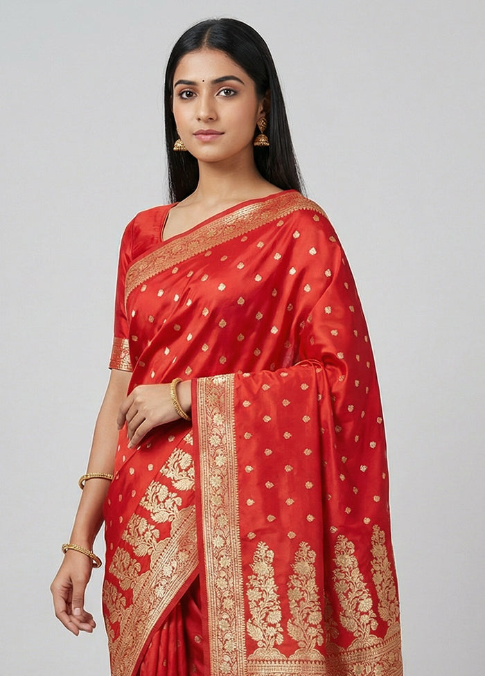 Red Banarasi Silk Saree With Blouse Piece