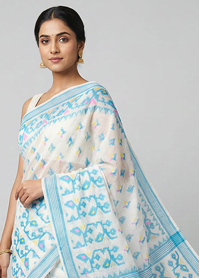 White Jamdani Cotton Saree Without Blouse Piece