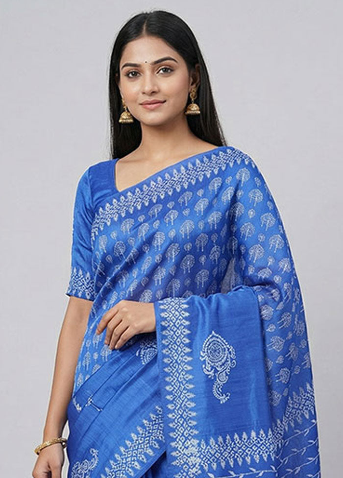 Blue Printed Pure Silk Saree Without Blouse Piece