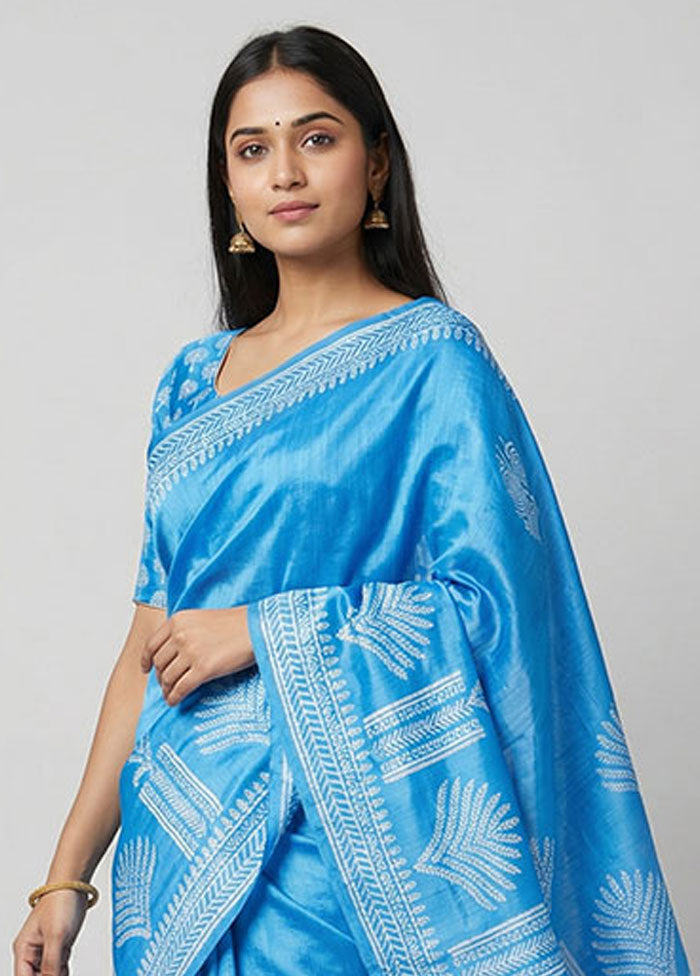 Blue Printed Pure Silk Saree Without Blouse Piece