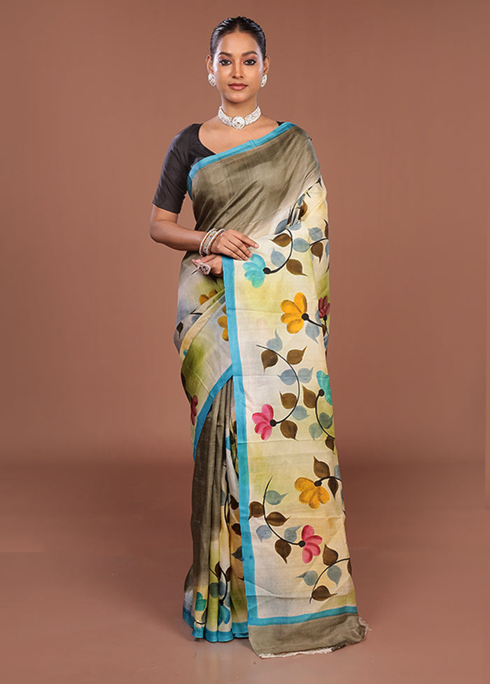 Cream Printed Silk Saree Without Blouse Piece