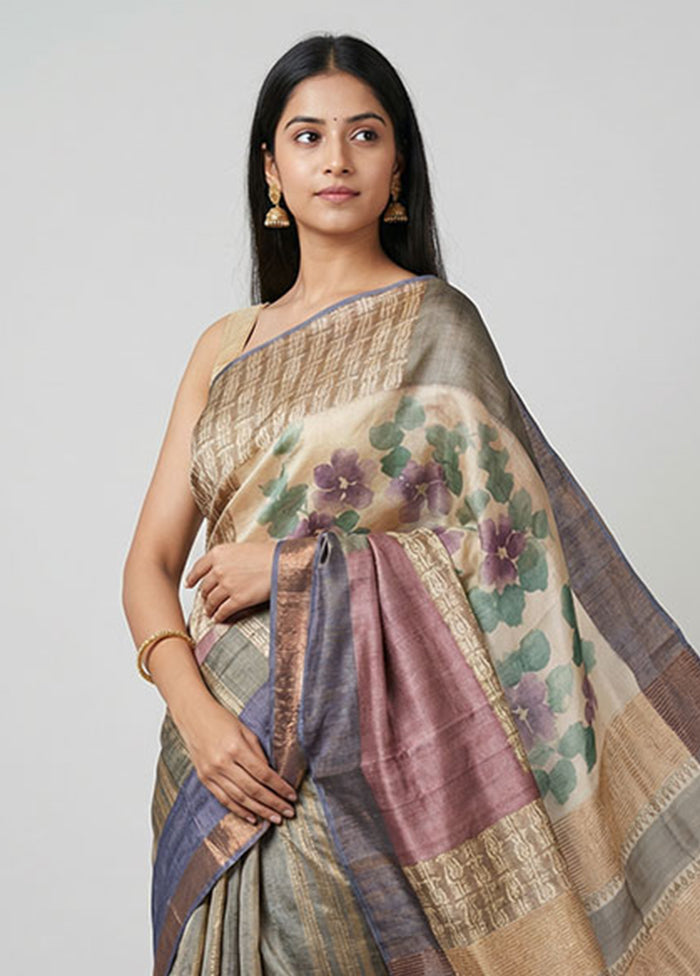 Purple Handloom Tussar Pure Silk Saree With Blouse Piece