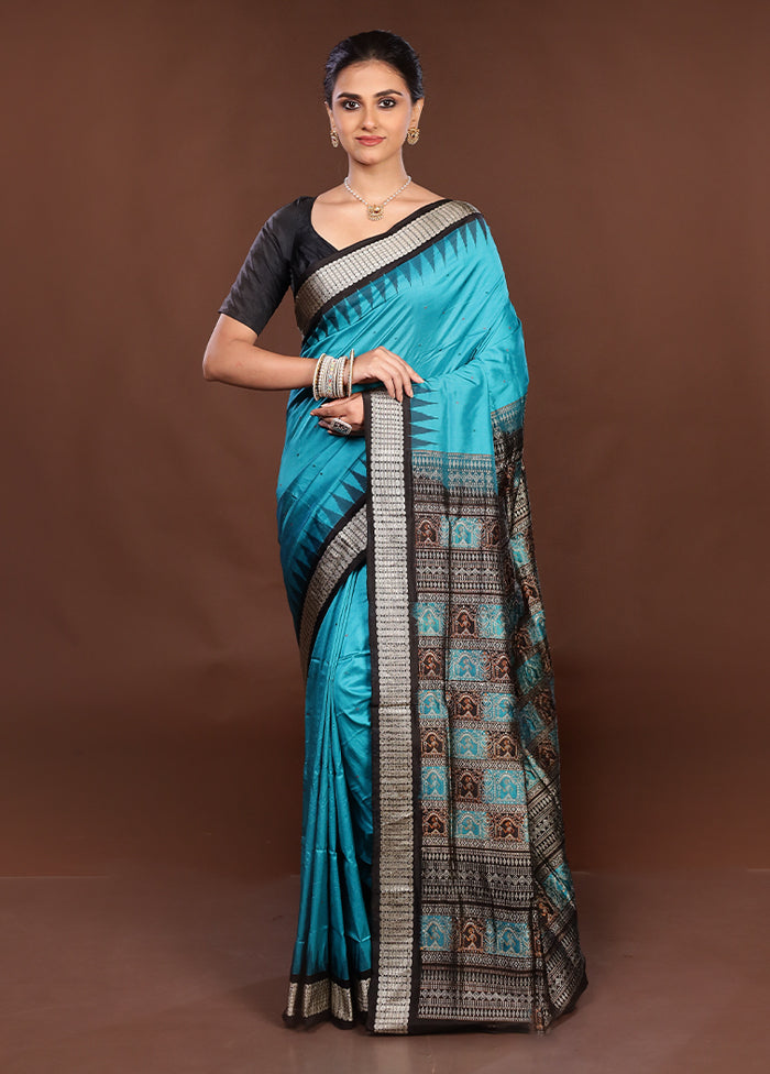 Blue Handloom Bomkai Pure Silk Saree With Blouse Piece