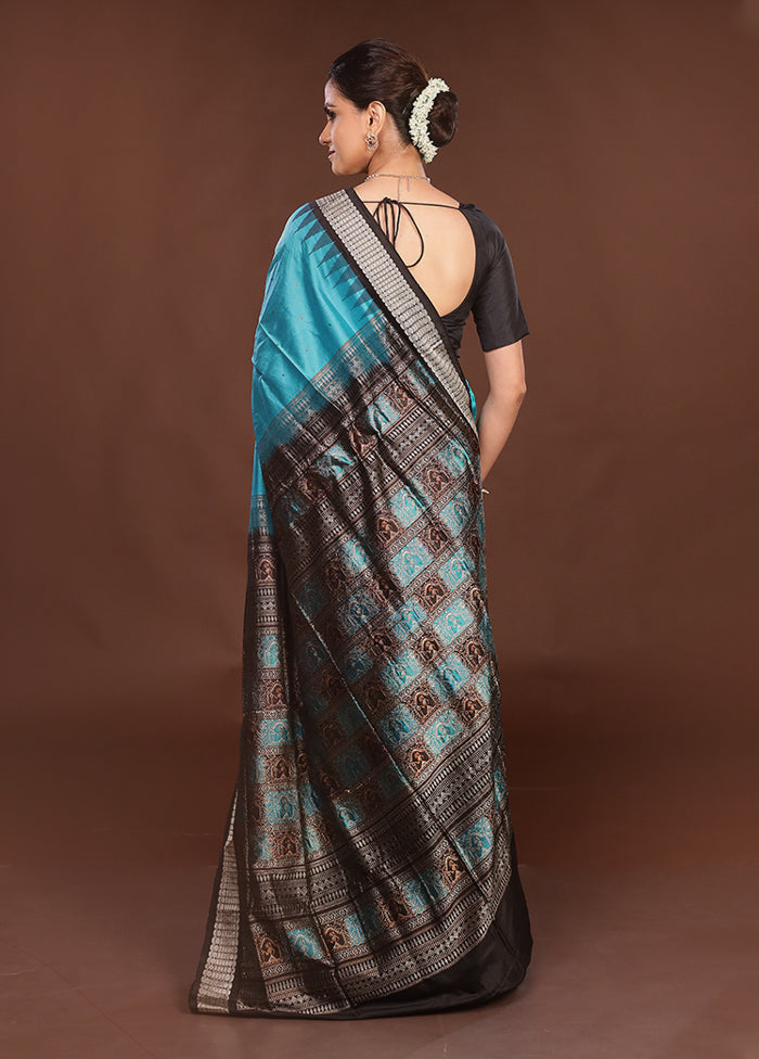 Blue Handloom Bomkai Pure Silk Saree With Blouse Piece
