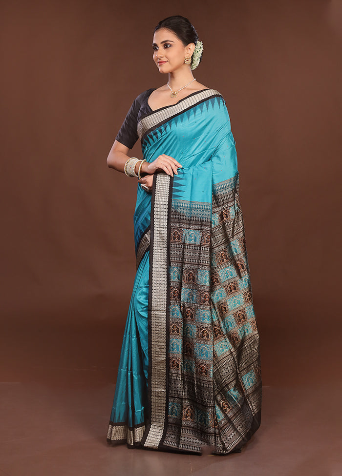 Blue Handloom Bomkai Pure Silk Saree With Blouse Piece