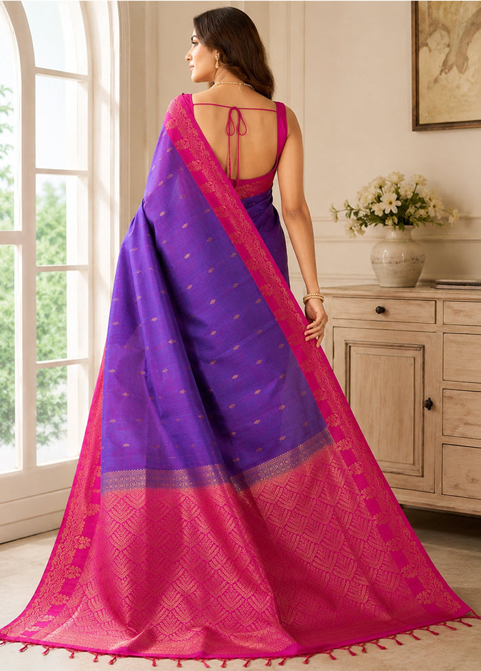 Purple Handloom Kanjivaram Pure Silk Saree With Blouse Piece