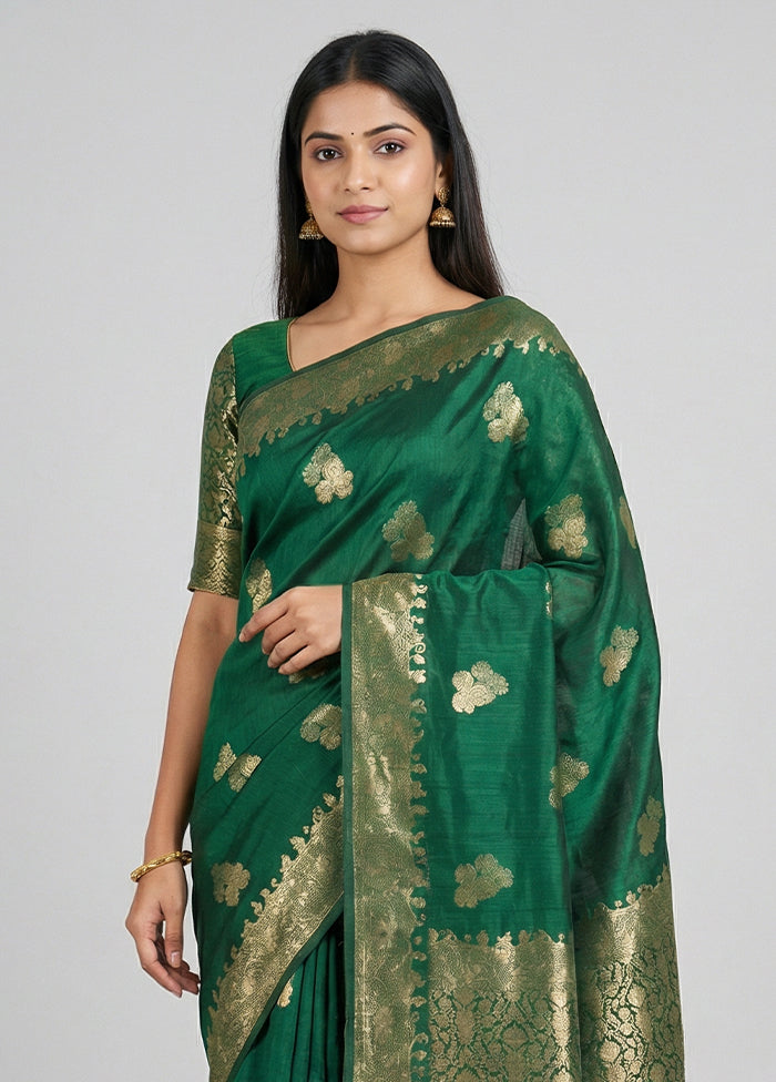 Green Dupion Silk Saree With Blouse Piece