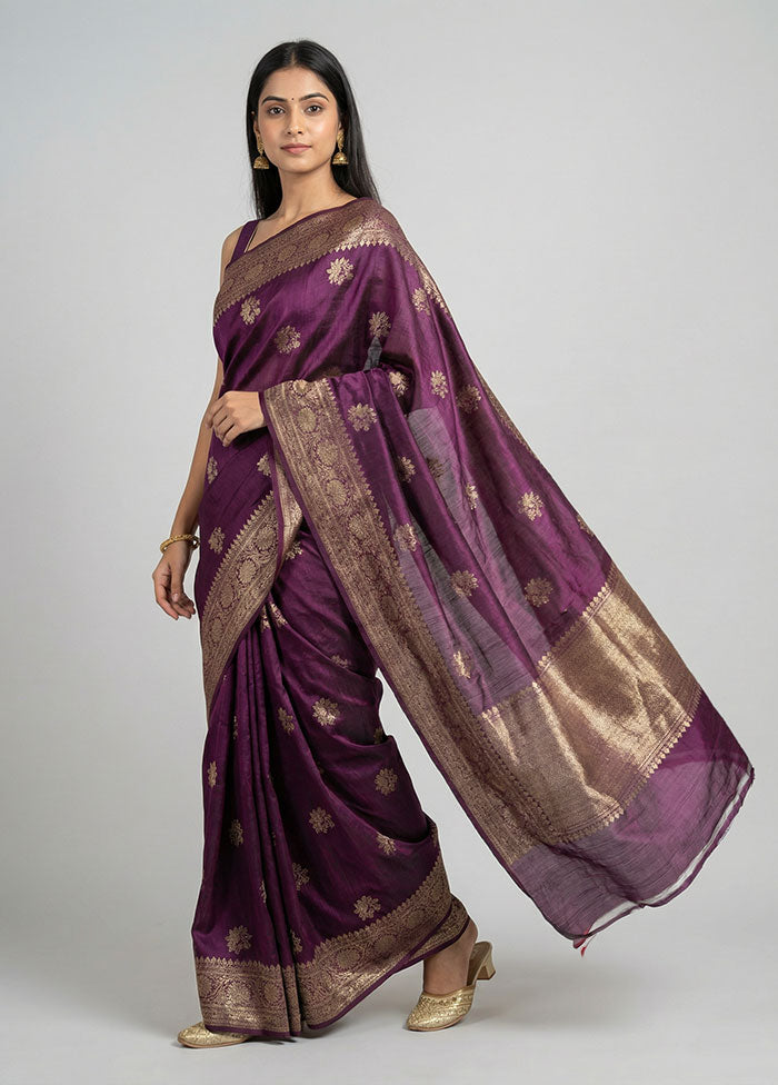Purple Handloom Tussar Pure Silk Saree With Blouse Piece