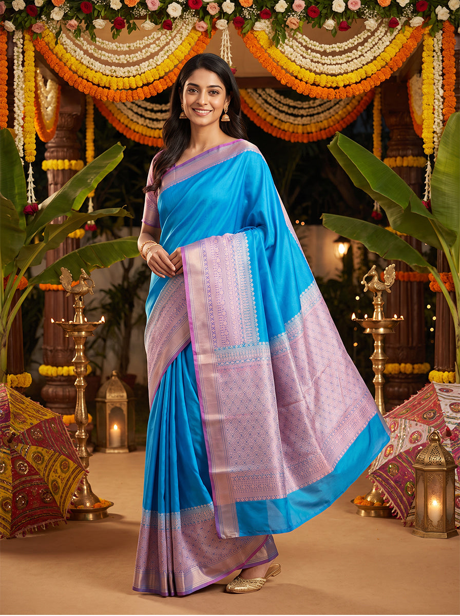 Blue Handloom Kanjivaram Pure Silk Saree With Blouse Piece