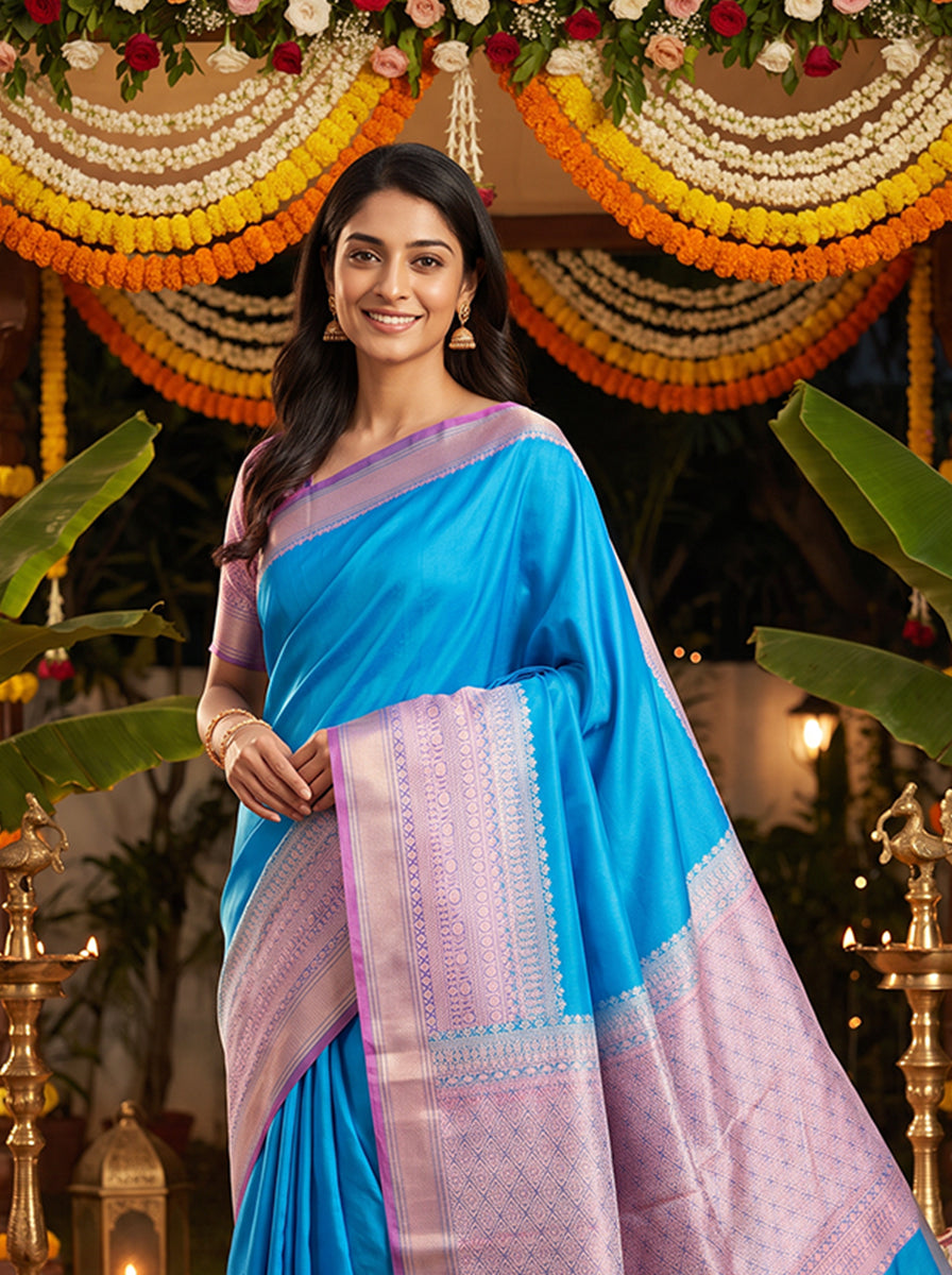 Blue Handloom Kanjivaram Pure Silk Saree With Blouse Piece