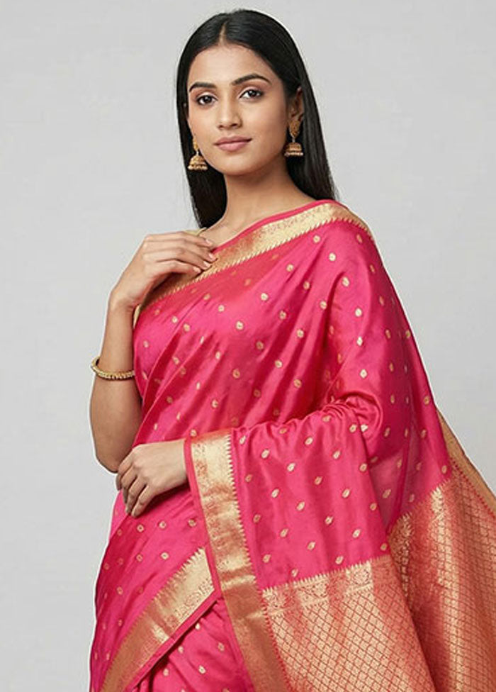 Pink Handloom Kanjivaram Pure Silk Saree With Blouse Piece