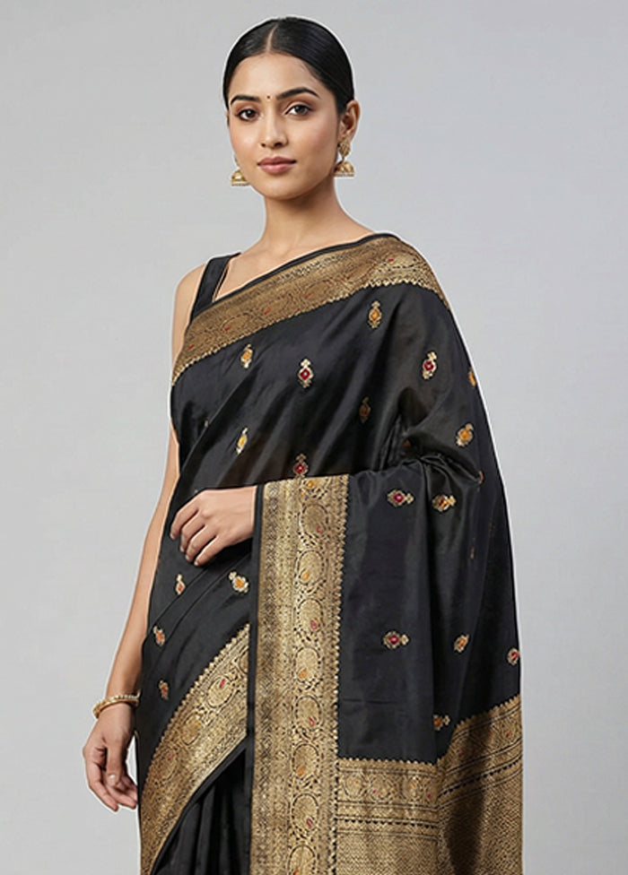 Black Handloom Katan Pure Silk Saree With Blouse Piece