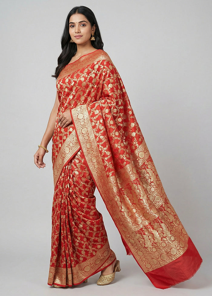 Red Handloom Banarasi Pure Silk Saree With Blouse Piece
