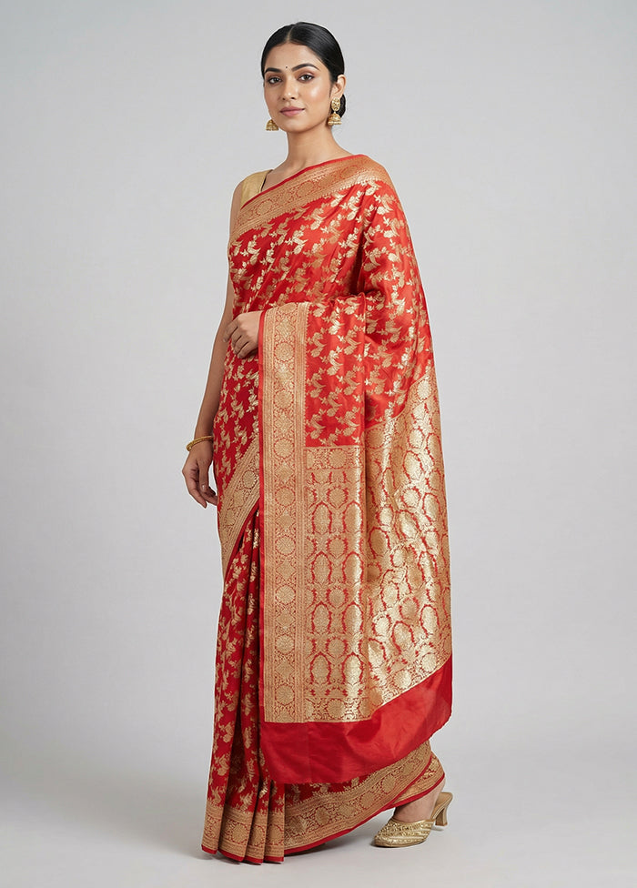 Red Handloom Banarasi Pure Silk Saree With Blouse Piece