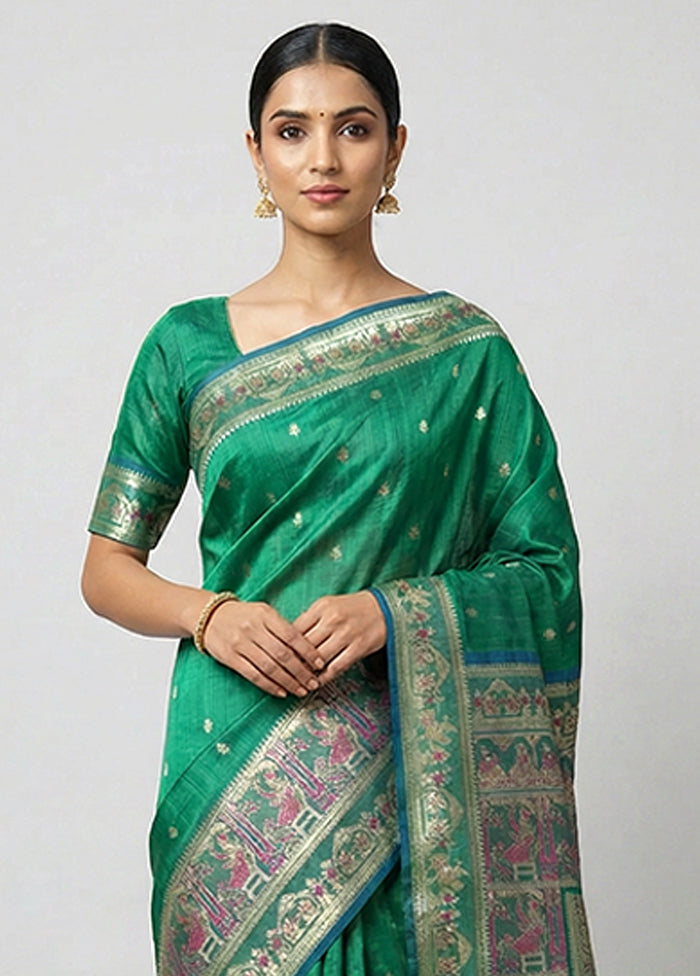Blue Handloom Baluchari Pure Silk Saree With Blouse Piece