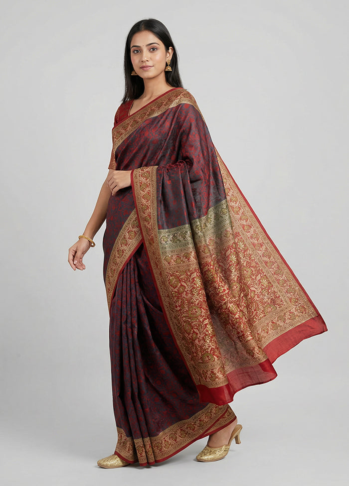 Black Handloom Jamewar Pure Silk Saree With Blouse Piece