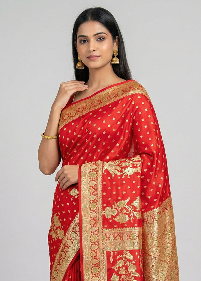 Red Banarasi Silk Saree With Blouse Piece
