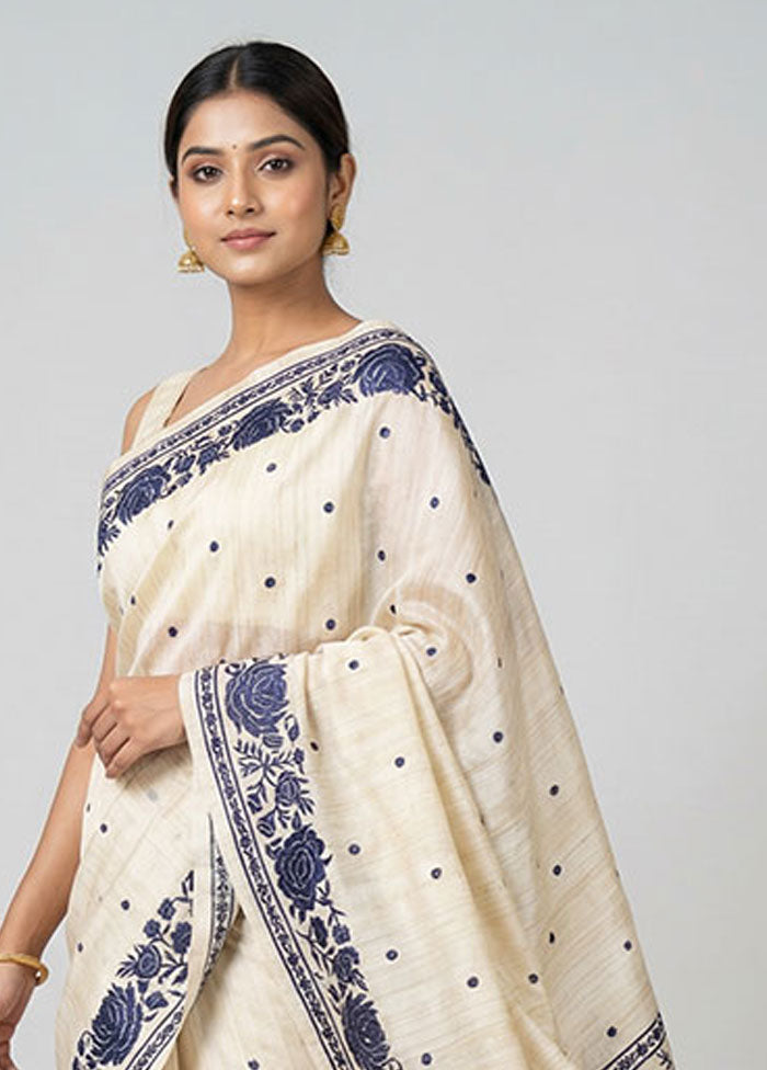 Cream Tussar Silk Saree With Blouse Piece