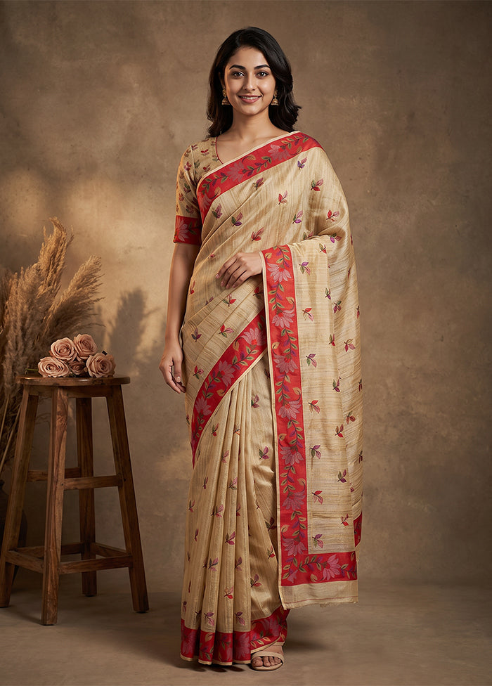 Cream Tussar Silk Saree With Blouse Piece
