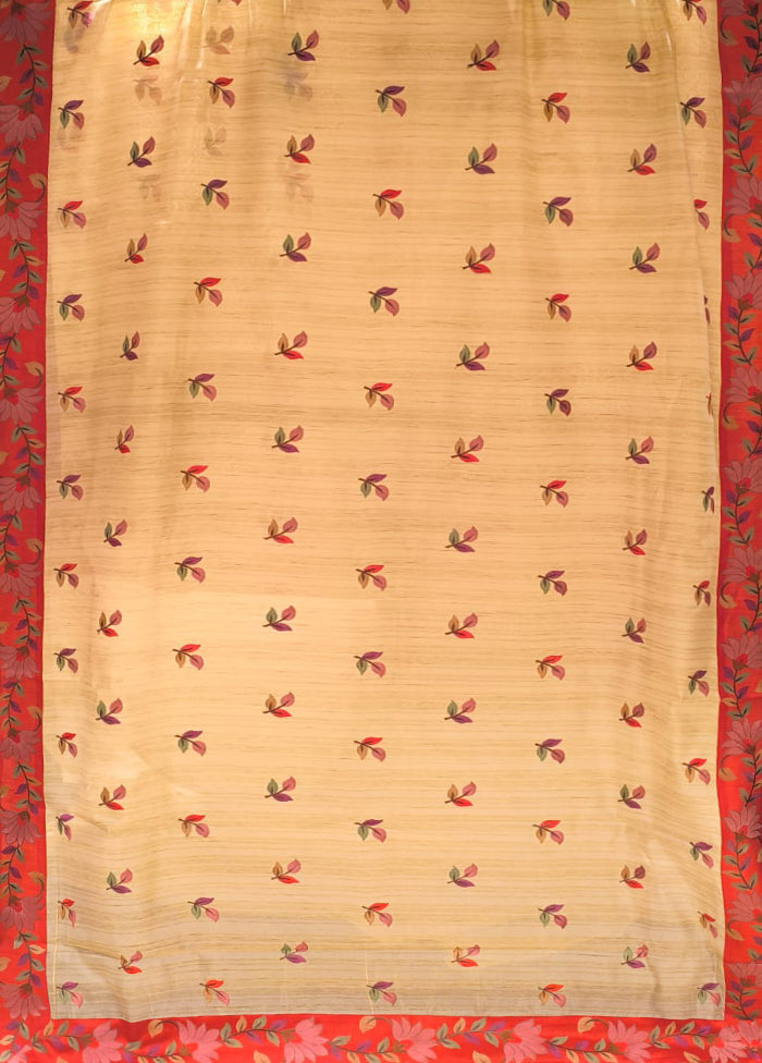 Cream Tussar Silk Saree With Blouse Piece