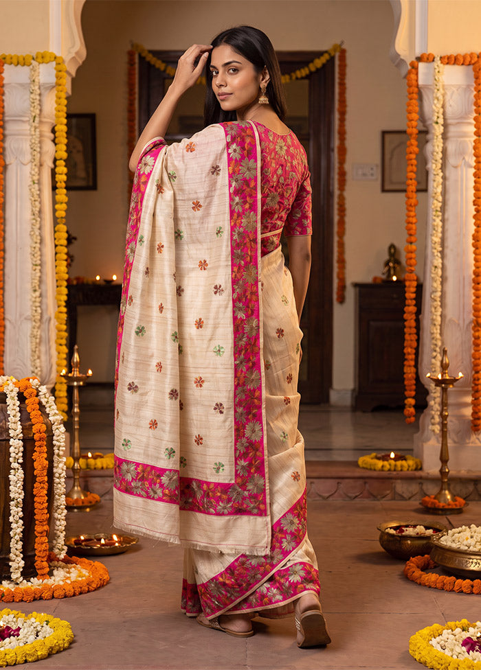 Cream Tussar Silk Saree With Blouse Piece