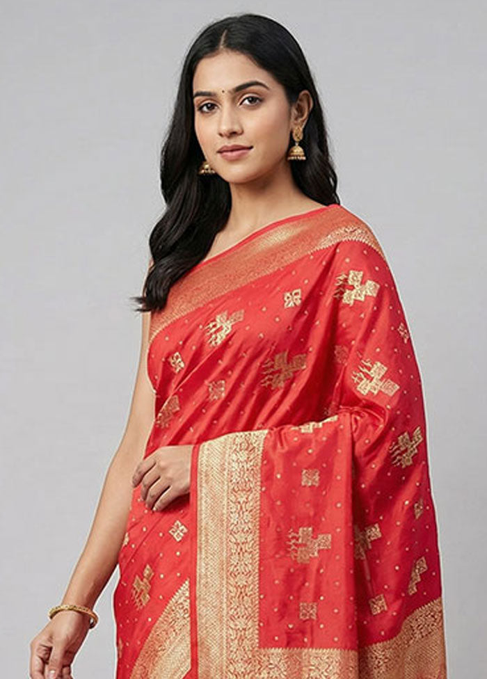 Red Dupion Silk Saree With Blouse Piece
