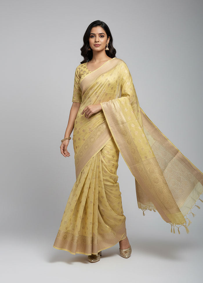 Yellow Dupion Silk Saree With Blouse Piece