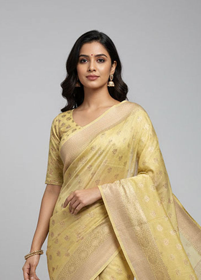 Yellow Dupion Silk Saree With Blouse Piece