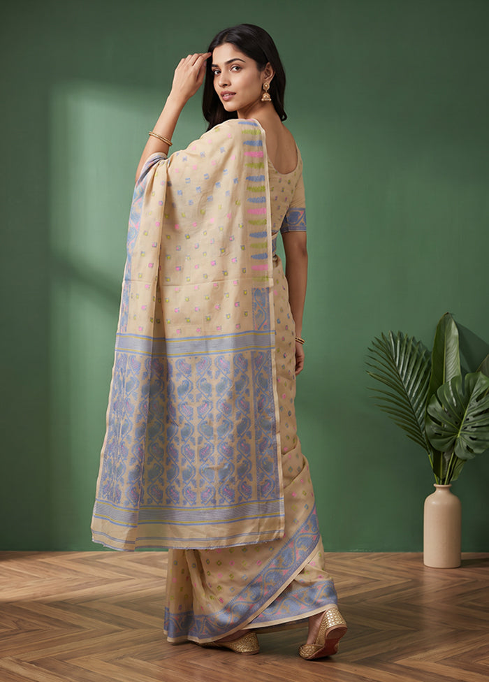 Cream Jamdani Cotton Saree Without Blouse Piece