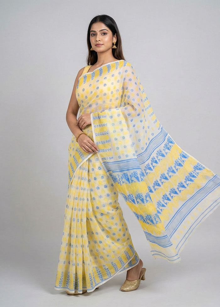 White Jamdani Cotton Saree Without Blouse Piece