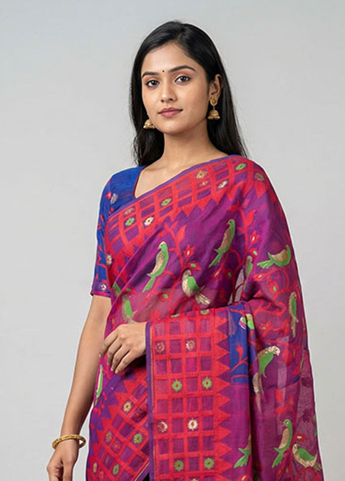 Purple Jamdani Cotton Saree Without Blouse Piece