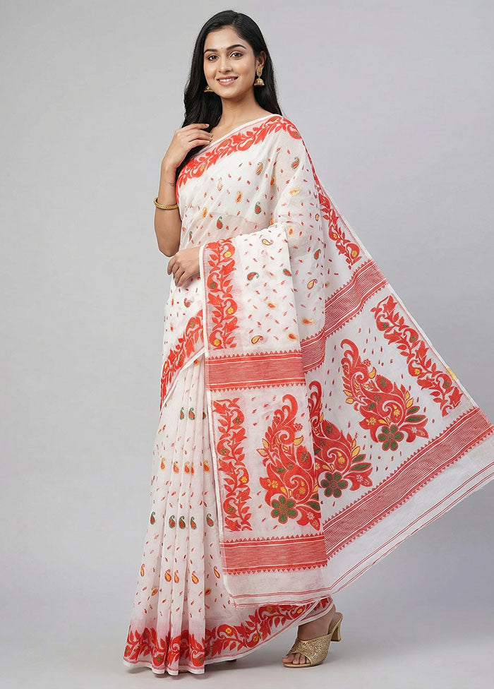 White Jamdani Cotton Saree Without Blouse Piece