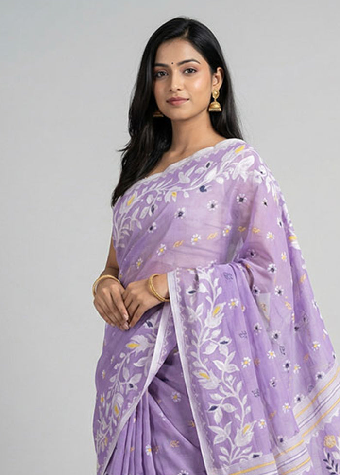 Purple Jamdani Cotton Saree Without Blouse Piece