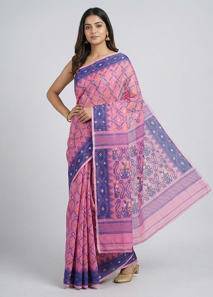 Pink Jamdani Cotton Saree Without Blouse Piece