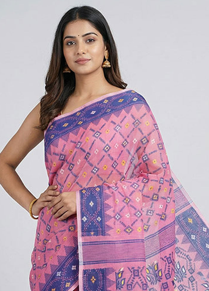 Pink Jamdani Cotton Saree Without Blouse Piece